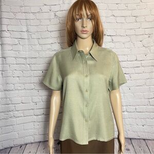 City Silk 100% Silk Short Sleeve Olive Blouse Size L